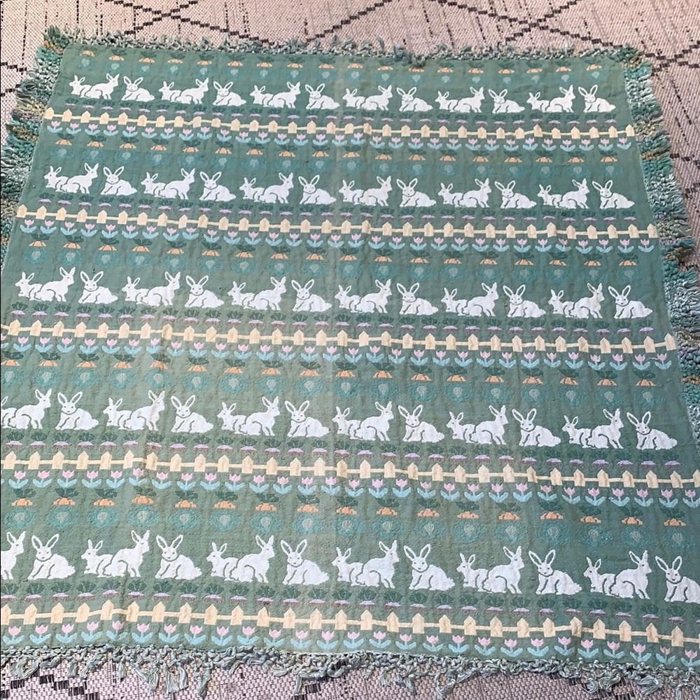 Gently LovedVintage Green and White Bunny Pattern Throw Blanket by Wilton Court